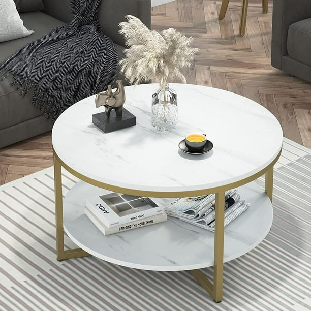 Round Coffee Table Two-Tier Coffee Table Modern Faux Marble Tabletop ...