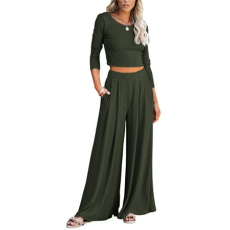 

Lounge Set Womens Ribbed Crop Top Long Sleeve Sweatsuit Knit 2 Piece Pajamas