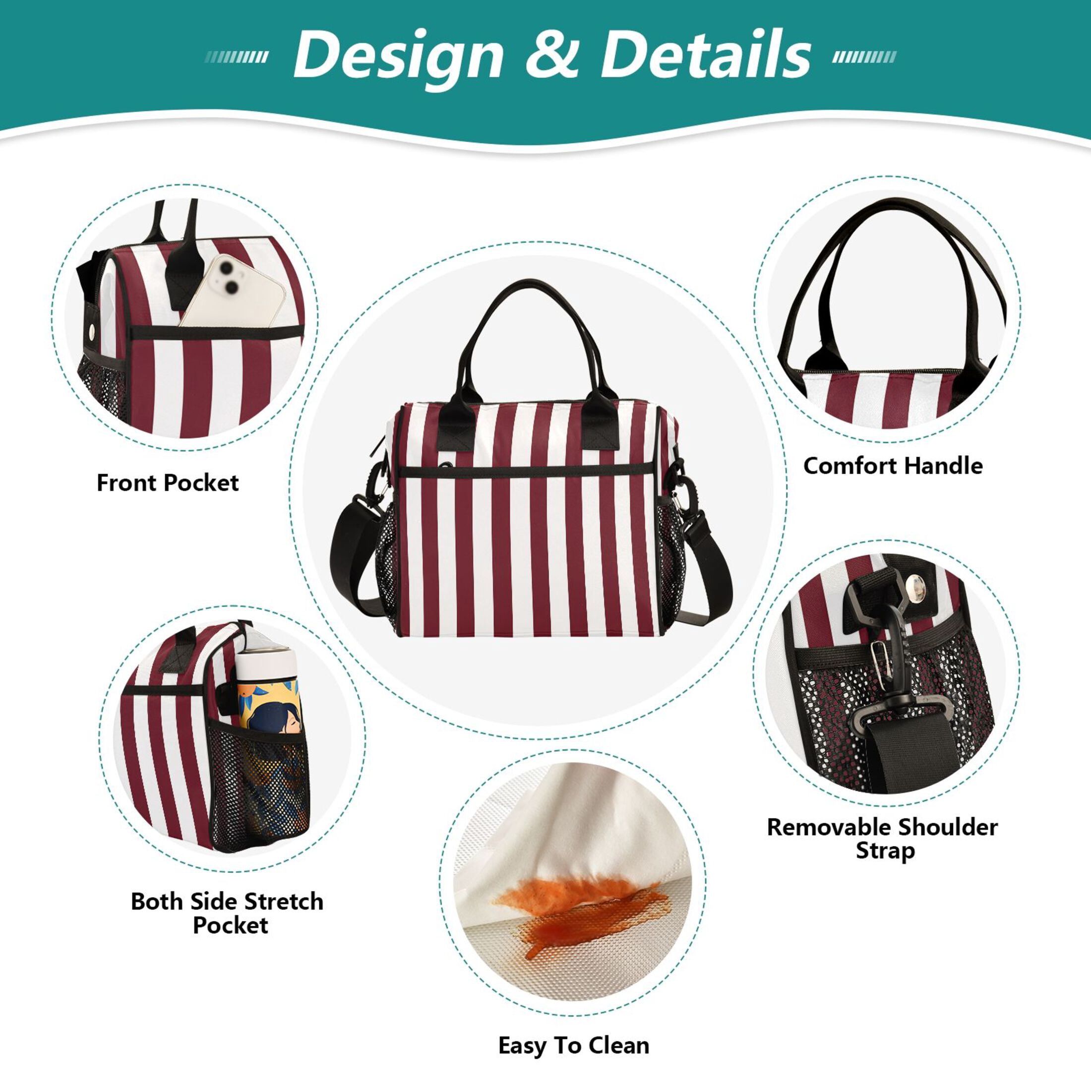 Lunch Bag Insulated Lunch Box Leakproof Reusable Cooler Tote Adjustable Shoulder Strap for Men Women Dark Red and White Striped 9L