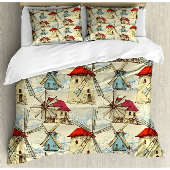 Sketch Duvet Cover Set Queen Size, Artwork of Wind Mill and Clouds Grunge Style Drawn by Hand Sketchy Scribble, Decorative 3 Piece Bedding Set with 2 Pillow Shams, Eggshell Multicolor, by Ambesonne