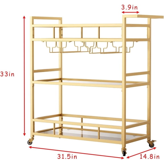 Gold Bar Carts with 3 Tier Glass Shelves, Rolling Serving Bar Cart with Wine Rack and Glass Holder, Home Bar Carts & Wine Carts on Wheels for Kitchen, Indoor & Outdoor