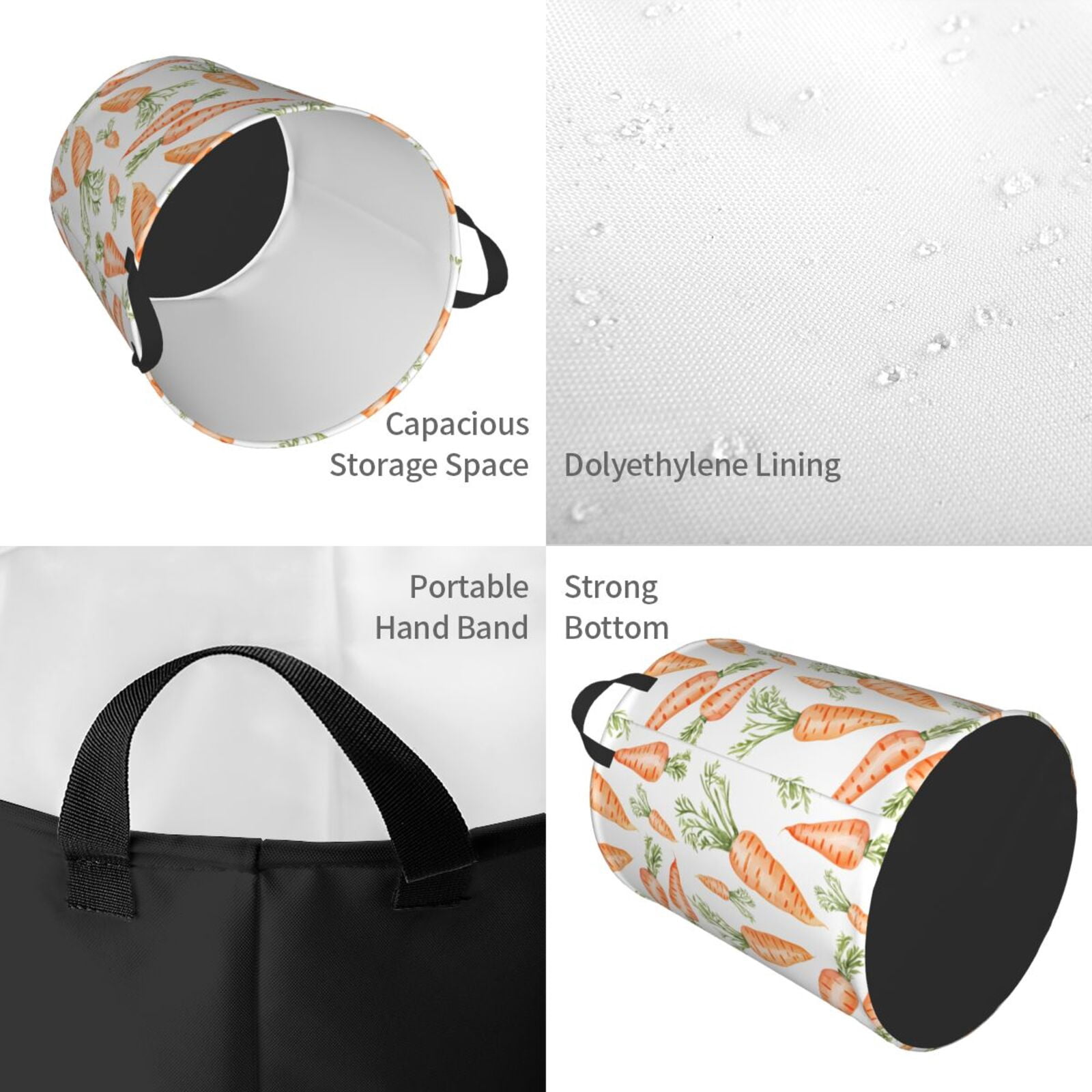 Large Laundry Basket with Handles - Carrot leaf Pattern white Kids Baby Dirty Clothes Laundry Hamper for Bedroom Aesthetic
