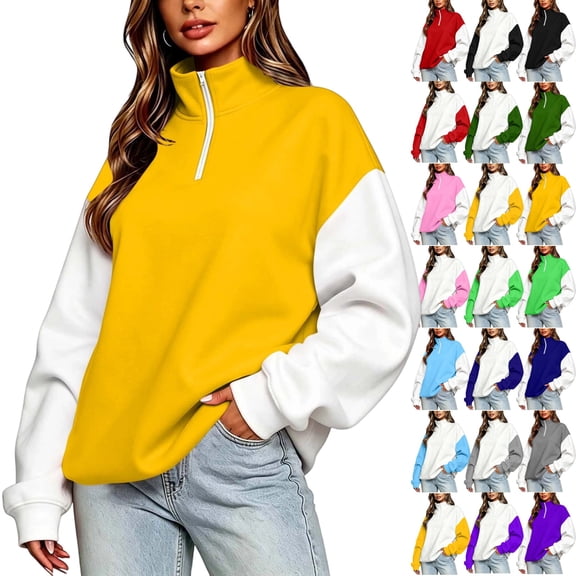 Womens Half Zip Up Hoodie, Color Blocking Fleece Oversized Cute Sweatshirt, Half-zip Zipper Hoodies for Women,Stand Collar Sweatshirts,Comfy Pullover with Pocket,Fall Clothes,Winter Outfits