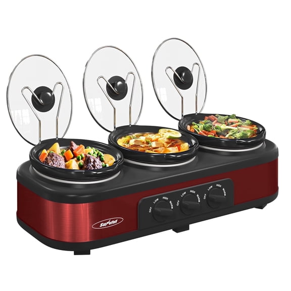 Sunvivi Triple Slow Cooker,3 Pot Food Small Mini Manual Slow Cooker with Adjustable Temp ,Removable Ceramic Pot,4.5 QT Red