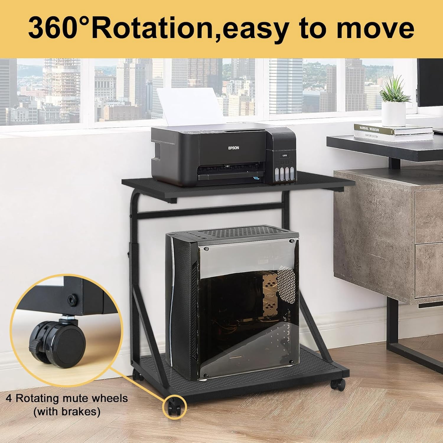 Computer Tower Stand, 2-Tier CPU Stand with Lockable Wheels, Adjustable Height PC Stand for Floor, Mobile PC Laptop Standing Table for Home Office (Black)