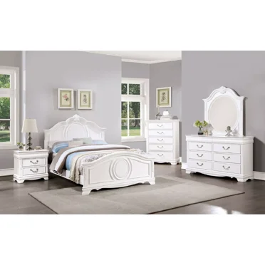 Twin Size Bed Dresser Mirror Nightstand 4pc Bedroom Furniture Set White Formal Faux Wood Carved