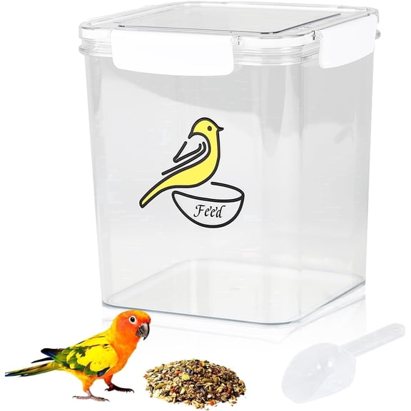 Brabtod Clear Airtight Bird Food Storage Container with Scoop, Large Capacity Transparent Pet Seed Bin with Scale & Locking Lid for Parrot, Parakeet & Wild Bird Feed