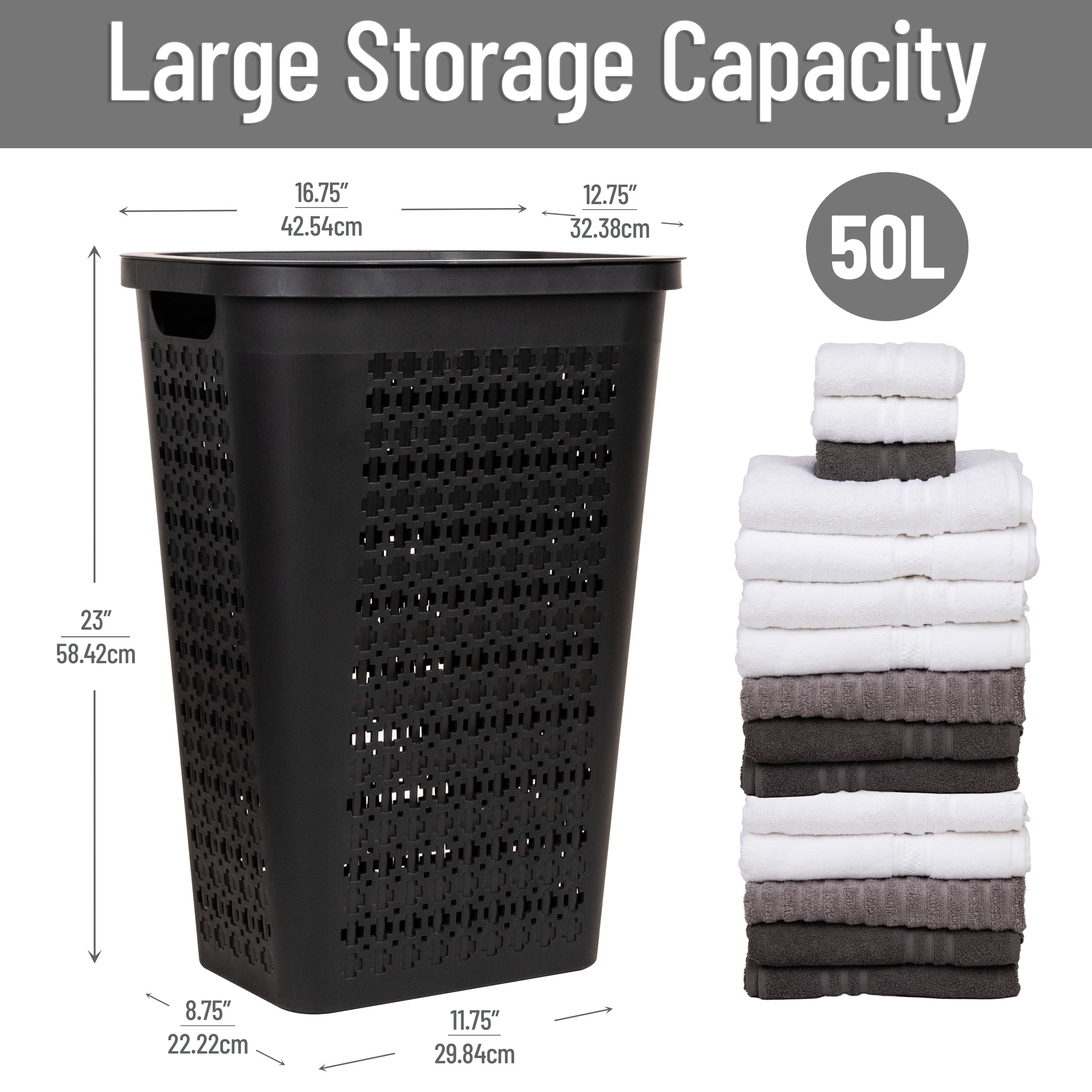 Mind Reader Slim Tapered Laundry Hamper with Lid, Clothes Basket with Swiss Cross Cut-Outs, Lightweight & Ventilated, Plastic, Gray