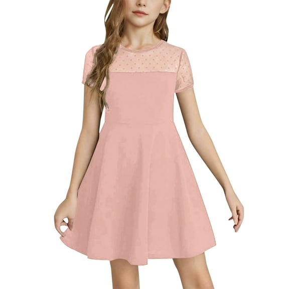 Fgnfyis Girls Summer Dress Solid Color Mesh Stitching Cute Short Everyday Girls Toddler Girl Dresses Pink 5-6 Years