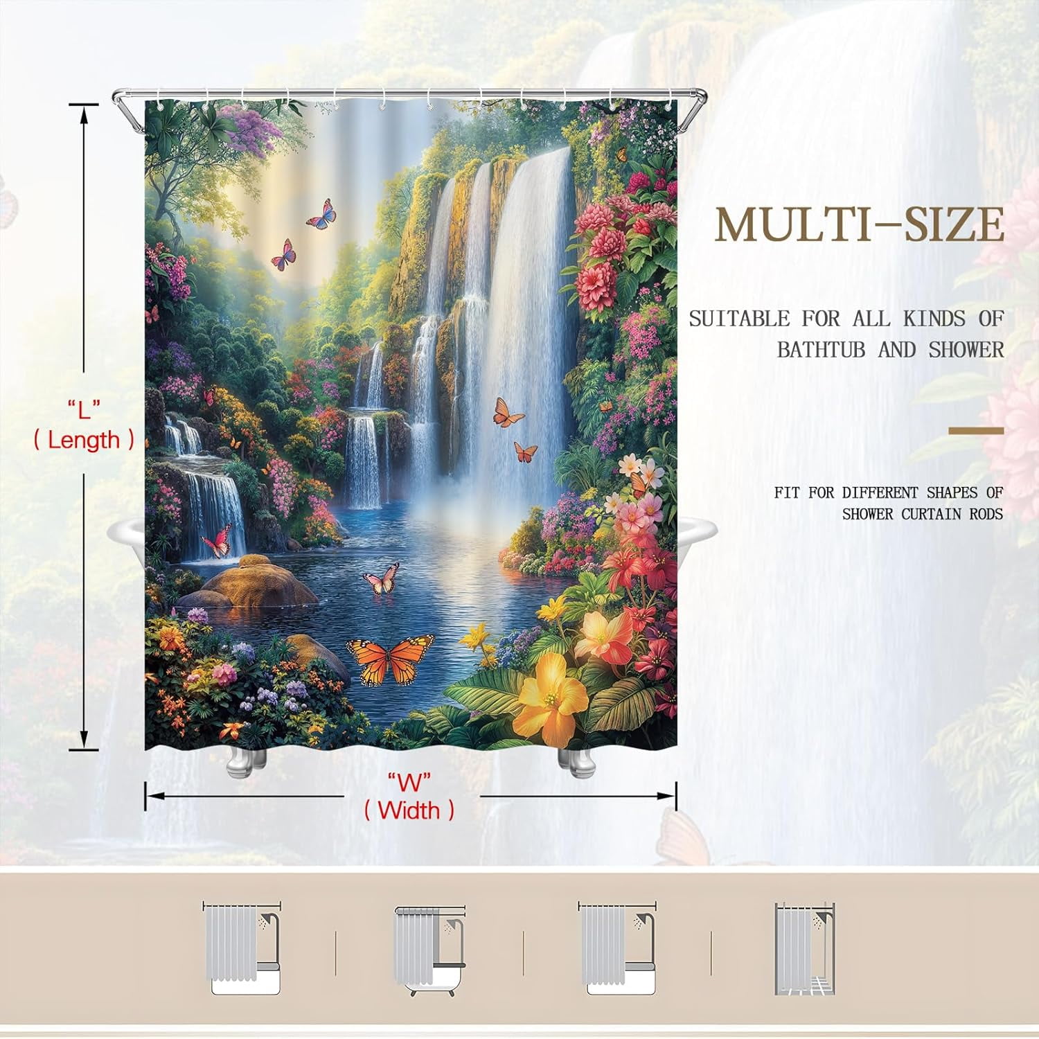 Waterfall Shower Curtain Rustic Floral Butterfly Forest Tropical Green Plant Lake Spring Garden Nature Landscape Bathroom Decor Set with Hooks-72"W x 72"L (Pack of 1)