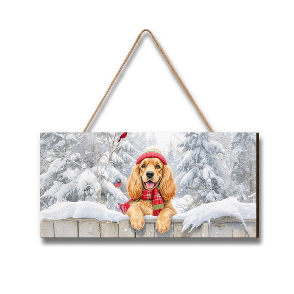 Playful Cocker Spaniel Welcomes Winter Snowy Day with Cardinal Bird Landscape Wood Sign Cockers Dog Lover Gifts Hanging Wall Home Decor - 2017