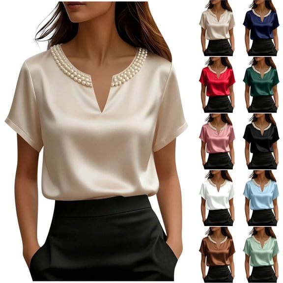 Miluxas Women's Satin Blouses Short Puff Sleeve Pearl V-neck Silk Shirts Casual Loose Business office Work Tunic Tops White XL(XL)