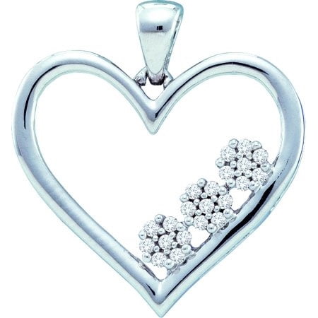 10K White Gold 0.07CT Micro Pave Round Cut Diamond Heart Tri Flower Pendant