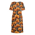 thumbnail image 6 of Women's Round Neck Halloween Patchwork Print Dress with Pockets Short Sleeve Loose Midi Dress Casual Fall Outfit for Daily Wear Yellow L, 6 of 6