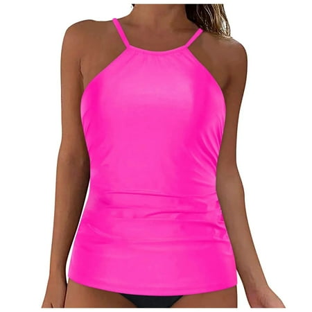 Womens Bikinis Summer Solid Color Spaghetti Strap Camisole And Panty Set Lace Up Tops Two Piece Tankini Swimsuits For Women Activewear Pink S