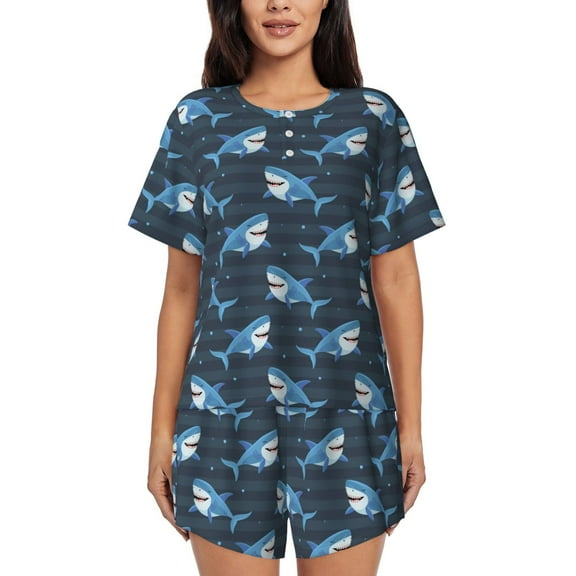 Fuzoiu Funny Sharks Print Women's Short-Sleeved Pajama Set,Lounge Sleepwear Set,Womens Pajama Sets 2 Piece,Button-Up Top and Shorts with Pockets-Small