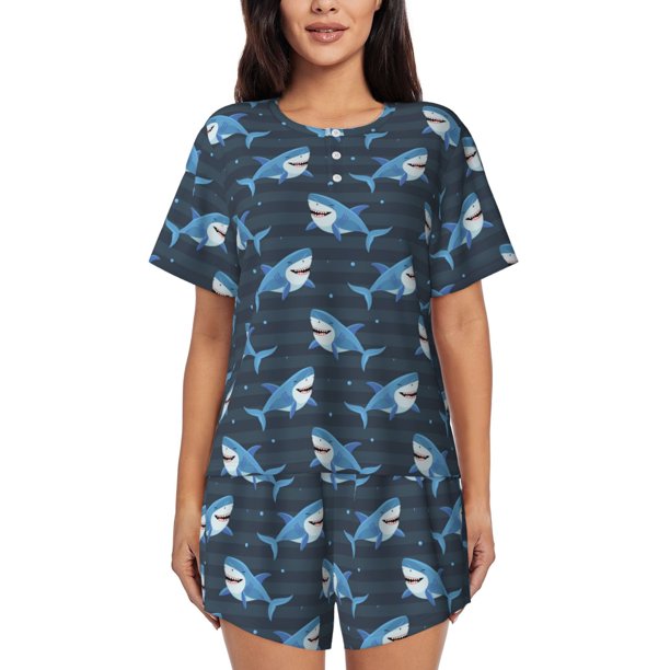 Fotbe Funny Sharks Conjunto de Pijama Estampado para Mujer, 2 Piezas, Ropa de Dormir con Camiseta de Manga Corta y Shorts Suaves-Large