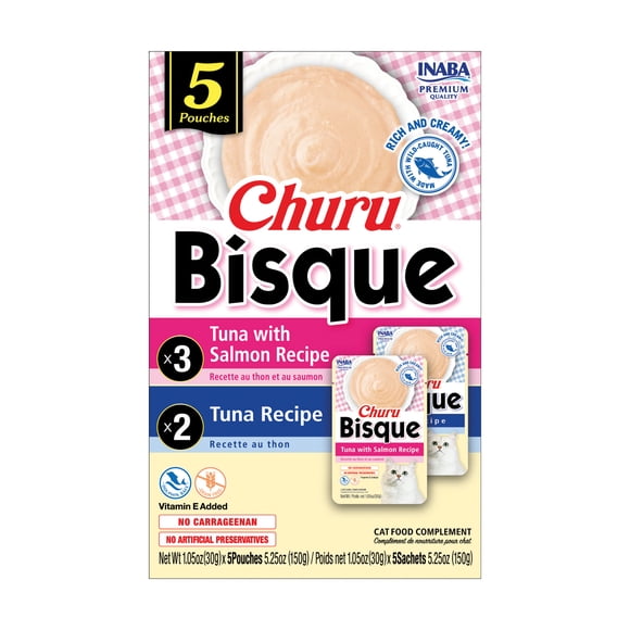 INABA Churu Bisque for Cats with Vitamin E Added - Tuna Variety Pack - Tuna with Salmon Recipe (es) & Tuna Recipe (es) - Mouthwatering Creamy Purée Bisque with Wild-Caught Tuna