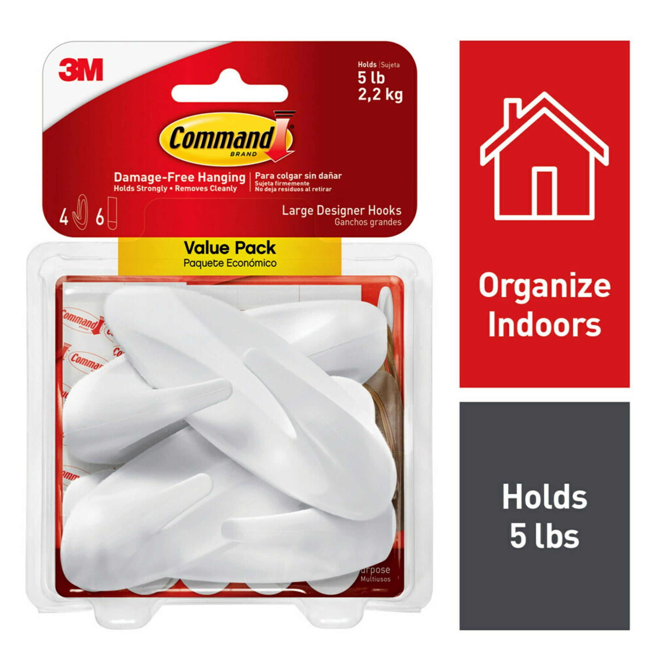 (3 pack) Command Large Designer Hooks, White, 4 Wall Hooks, Damage-Free Hanging