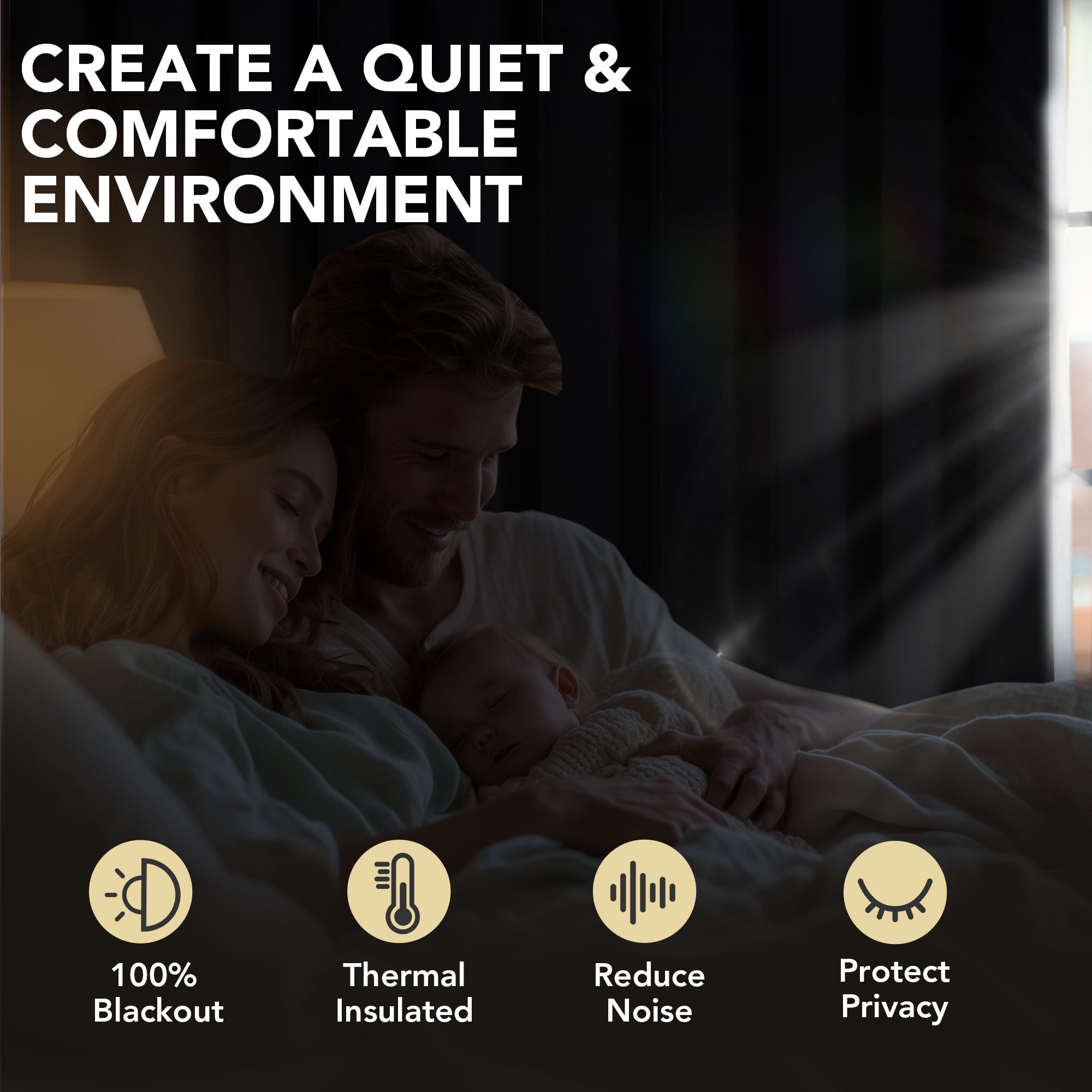Deconovo Thermal Total Blackout Light Blocking Curtains for Bedroom, Noise Reducing, 52"x63", Black, 2 Panels