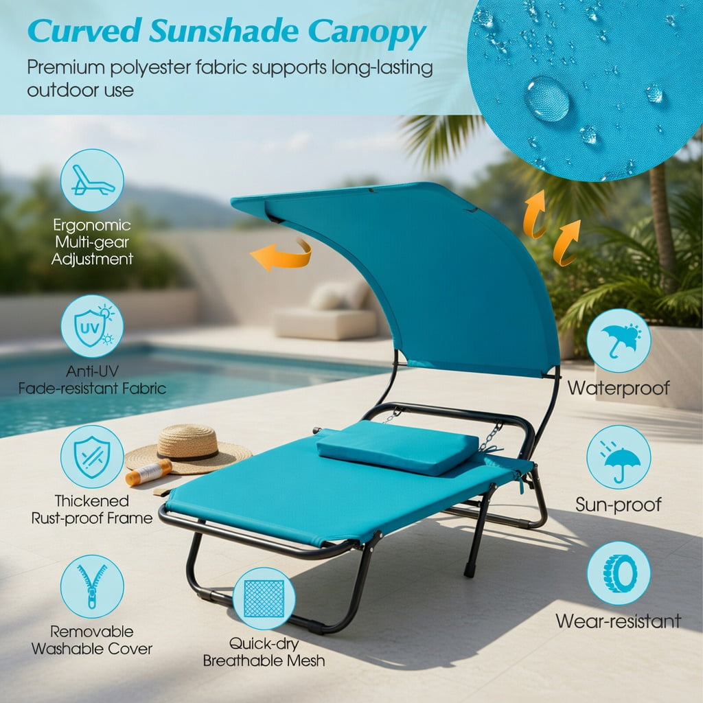 Hommoo Patio Hanging Chaise Lounge Chair with Sun-Proof Canopy, Thick Cushion & Pillow, Rust-Resistant Metal Frame, Outdoor Swing Chair for Deck, Balcony, Poolside, Navy