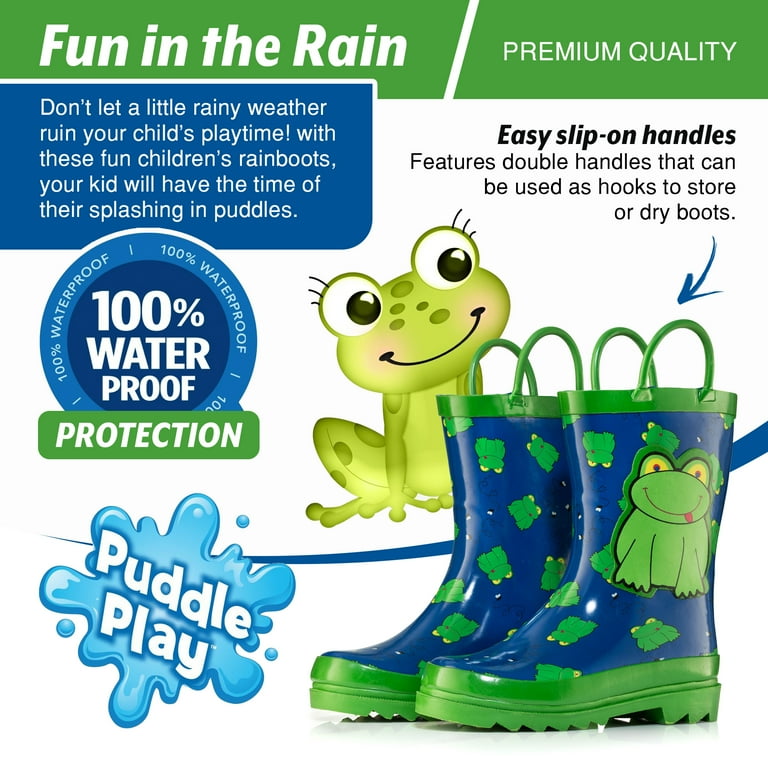 Puddle Play Kids Boys Green Frog Character Printed Waterproof Easy On Rubber Rain Boots Toddler Little Kids Walmart