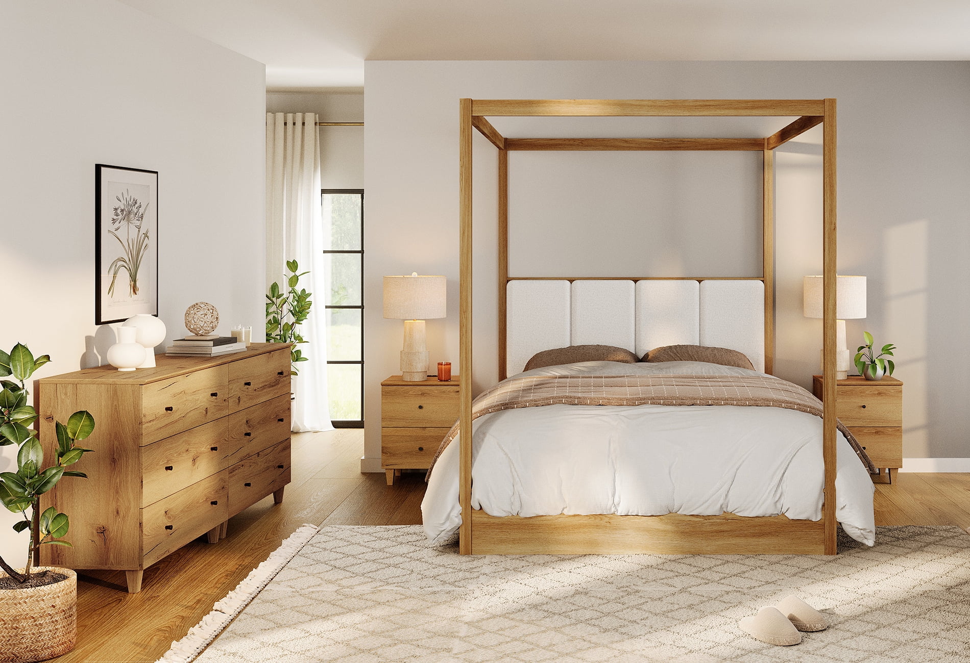 WAMPAT Modern Queen Size Canopy Bed Frame with 2 Charging Nightstands and 2-in-1 Dressers with 6 Drawers, Oak Brown