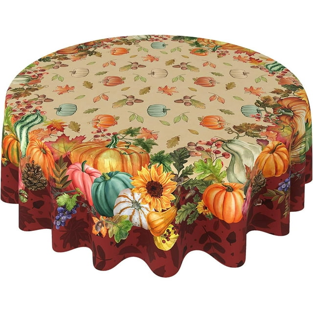 Nappe Ronde d'Automne 60 Pouces, Nappe Ronde d'Automne avec Citrouilles pour l'Action de Grâce et la Récolte