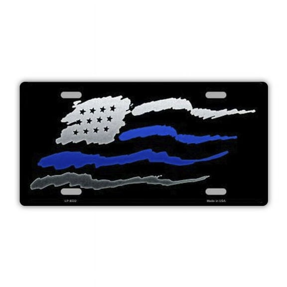 License Plate, Metal Vanity Tag Cover, Waving United States Flag, Thin Blue Line, Police, 12" x 6"