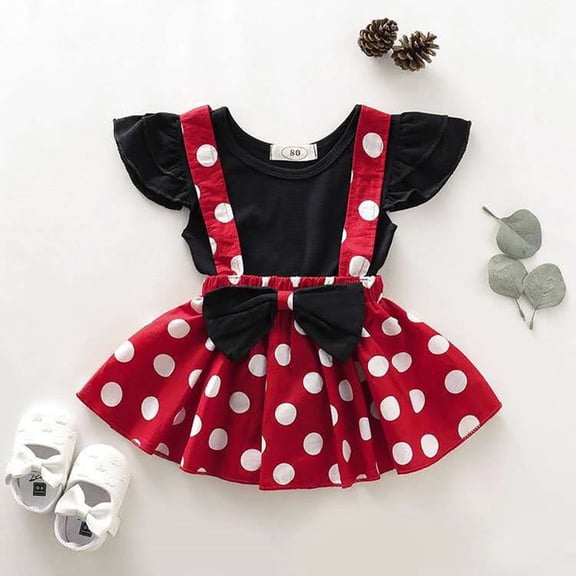 Baby Girl Outfits Toddler Fly Sleeve Ruffles Top and Polka Dot Suspenders Skirt Set Baby Girl Clothes Red 18-24 Months