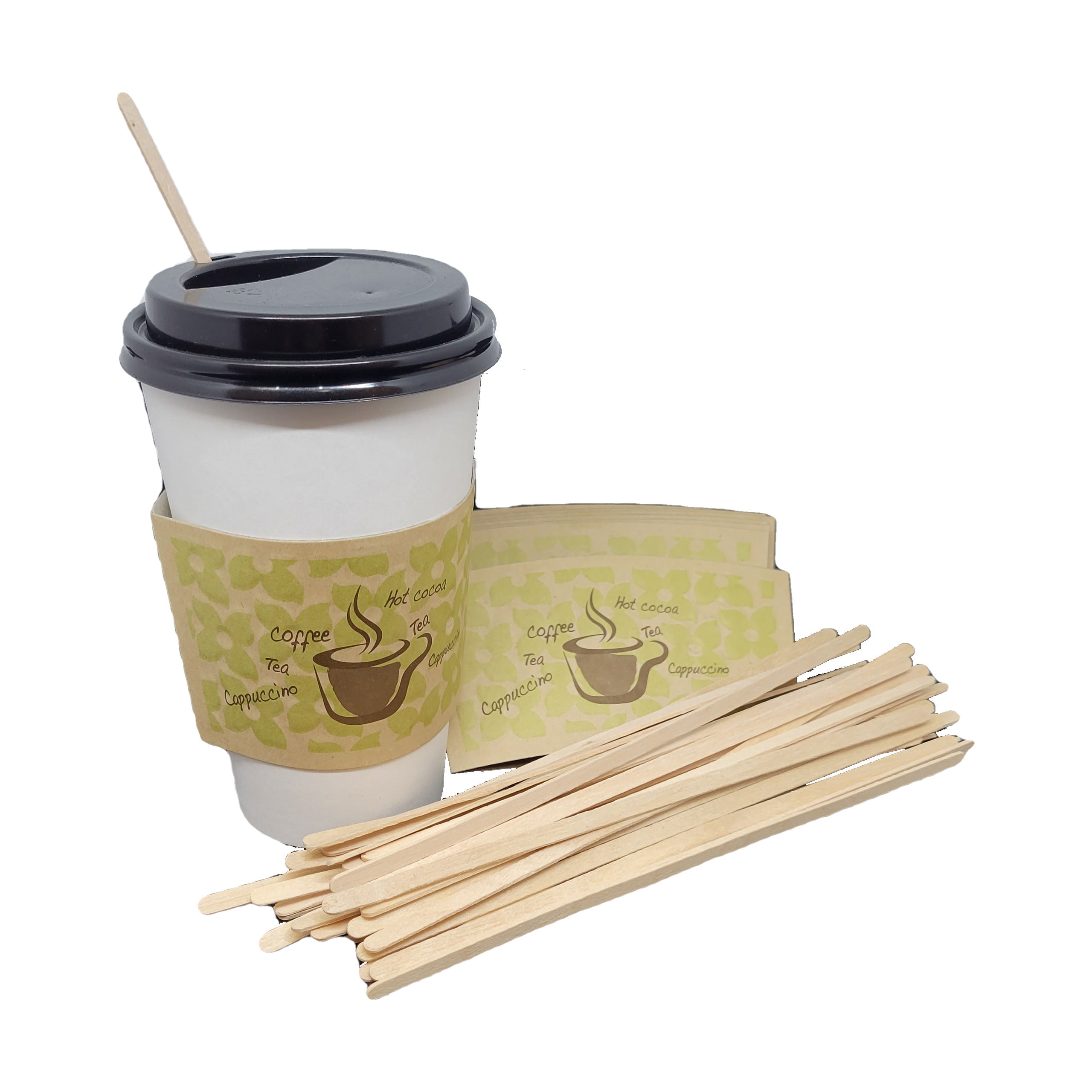 100 Set 16 Oz Disposable Hot Tea Paper Coffee Cups With Lids Sleeves Stirrers 