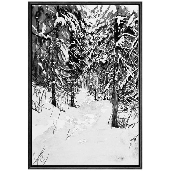IDEA4WALL Framed Canvas Art Wall Decor Snow Pine Trees in Winter Nature Forest Watercolor Minimalism Modern Scenic Dramatic Black and White for Dorm Home Office - 24"x36"
