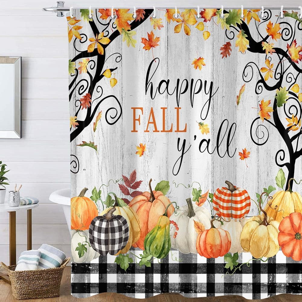 Happy Fall Shower Curtain, Farmhouse Maple Leaf Pumpkin Autumn Black White Plaid Wooden Art Printed Bathroom Decor, Waterproof Cloth Fabric Bath Curtain with Hooks 72 x 72 inch
