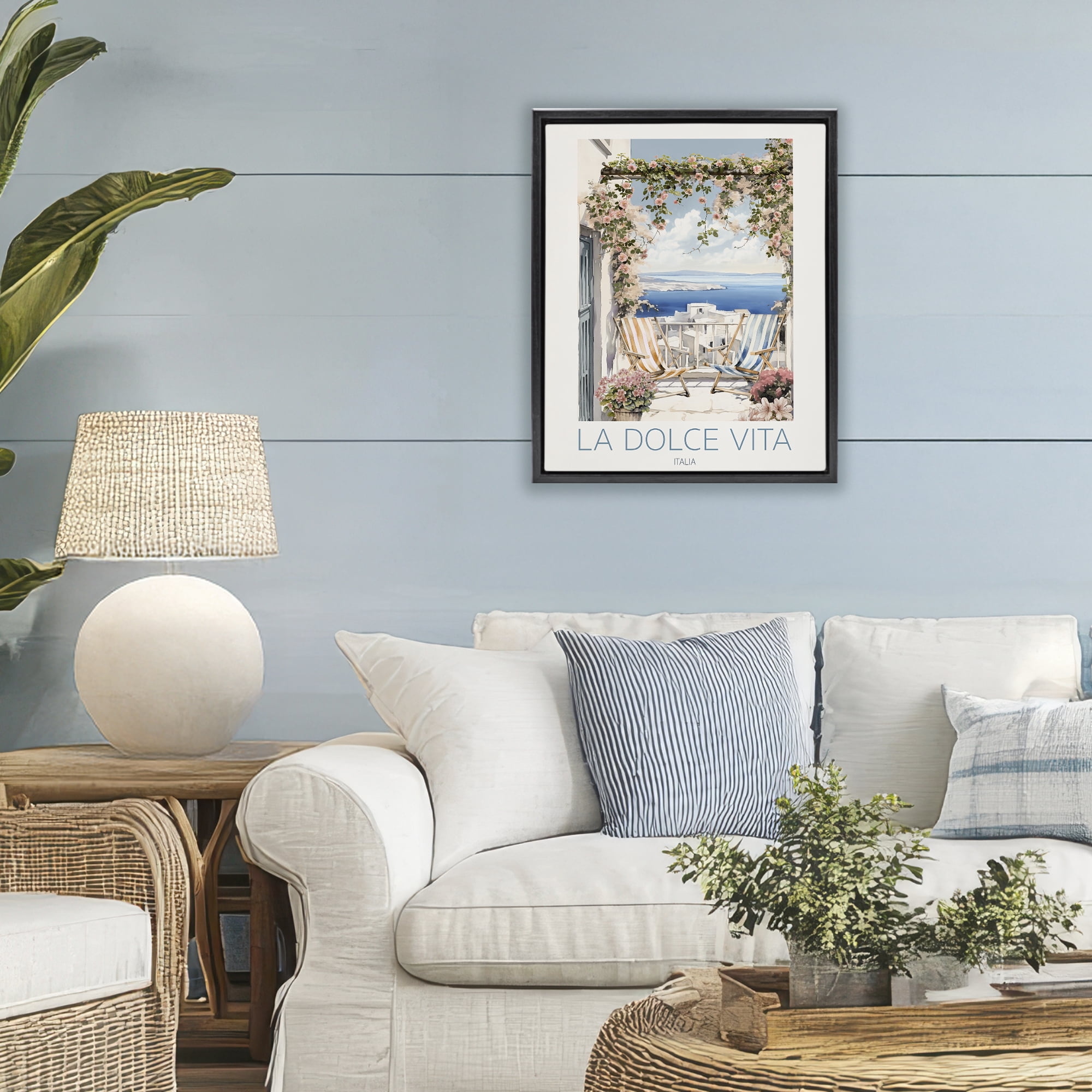 Stupell Industries Coastal Italian Balcony View Black Framed Floater Canvas Wall Art, design by CAD Designs