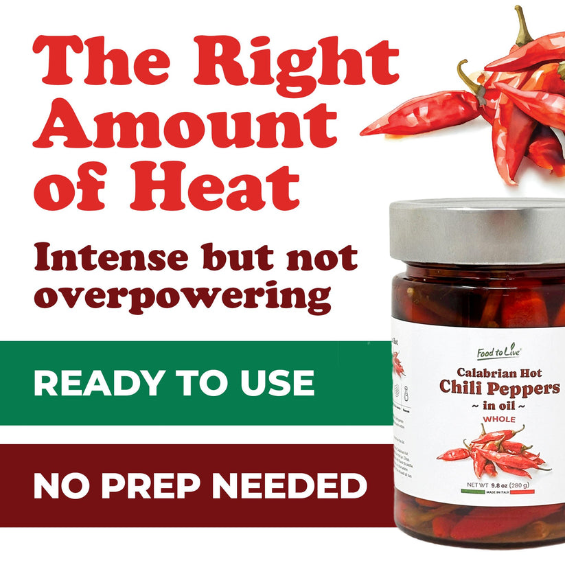 Food To Live Whole Long Calabrian Hot Chili Peppers in Oil, 280 gr – Spicy and Savory Italian Gourmet Seasoning for Pizza, Pasta and Rice. Vegan (Pack of 3)