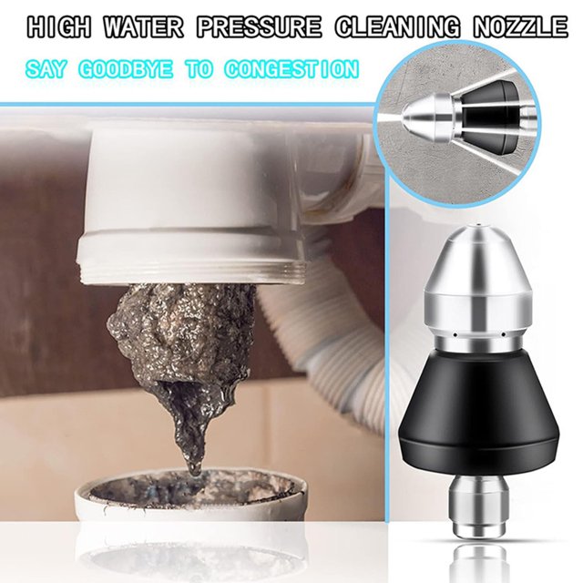 YAOMOBB Debris Flushing Nozzle Stainless Steel High Pressure Nozzle 1/4 Inch Quick Connector Sewer Cleaning Tool with Front Rear Jets