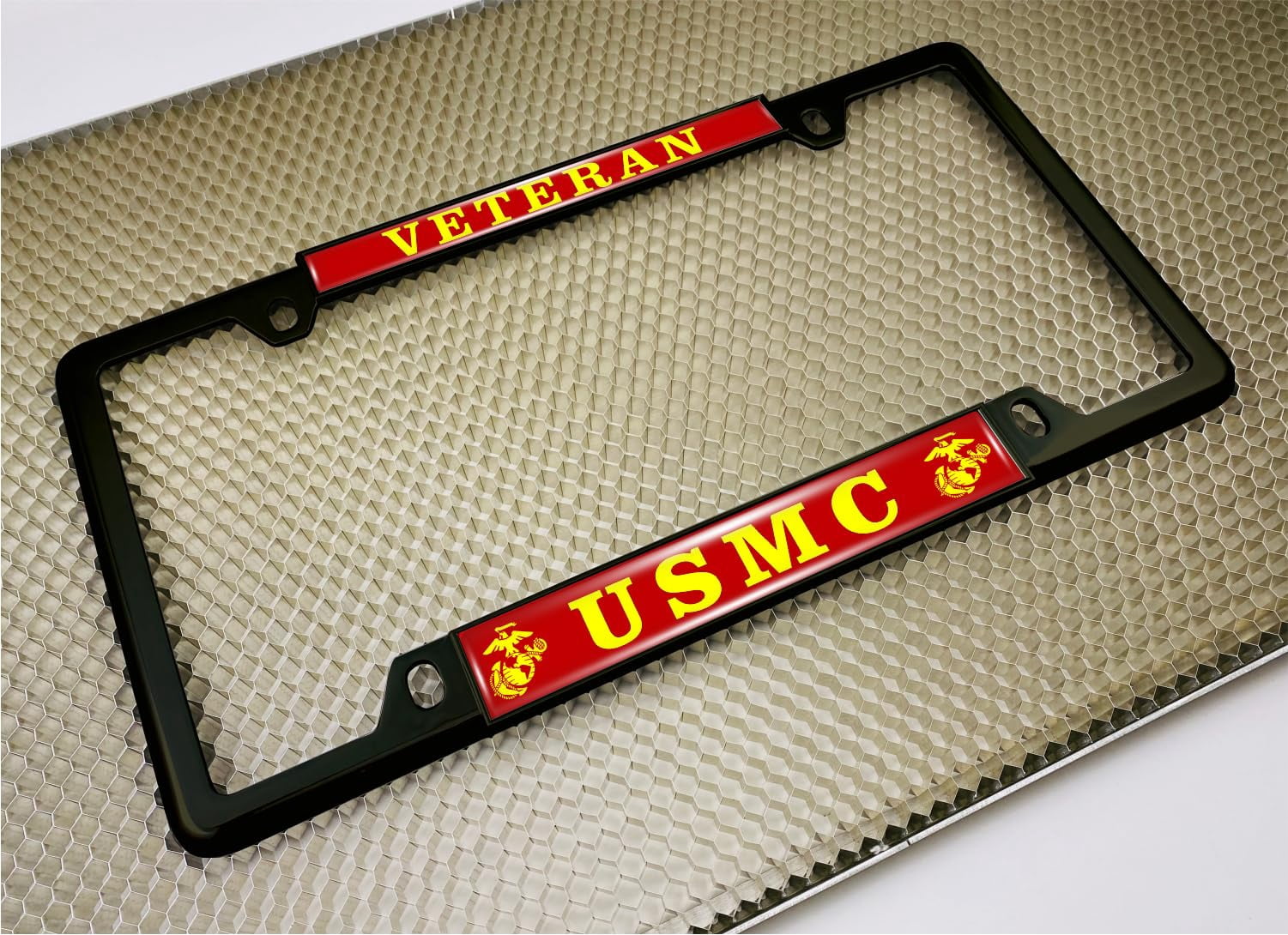 [Officially Licensed US Marine Corps Product] - Veteran USMC with EGA Emblem - Domed Custom-Made Personalized Thin Top 4-Hole Metal Car License Plate Frame with Free caps - Black Frame (Qty: 1)