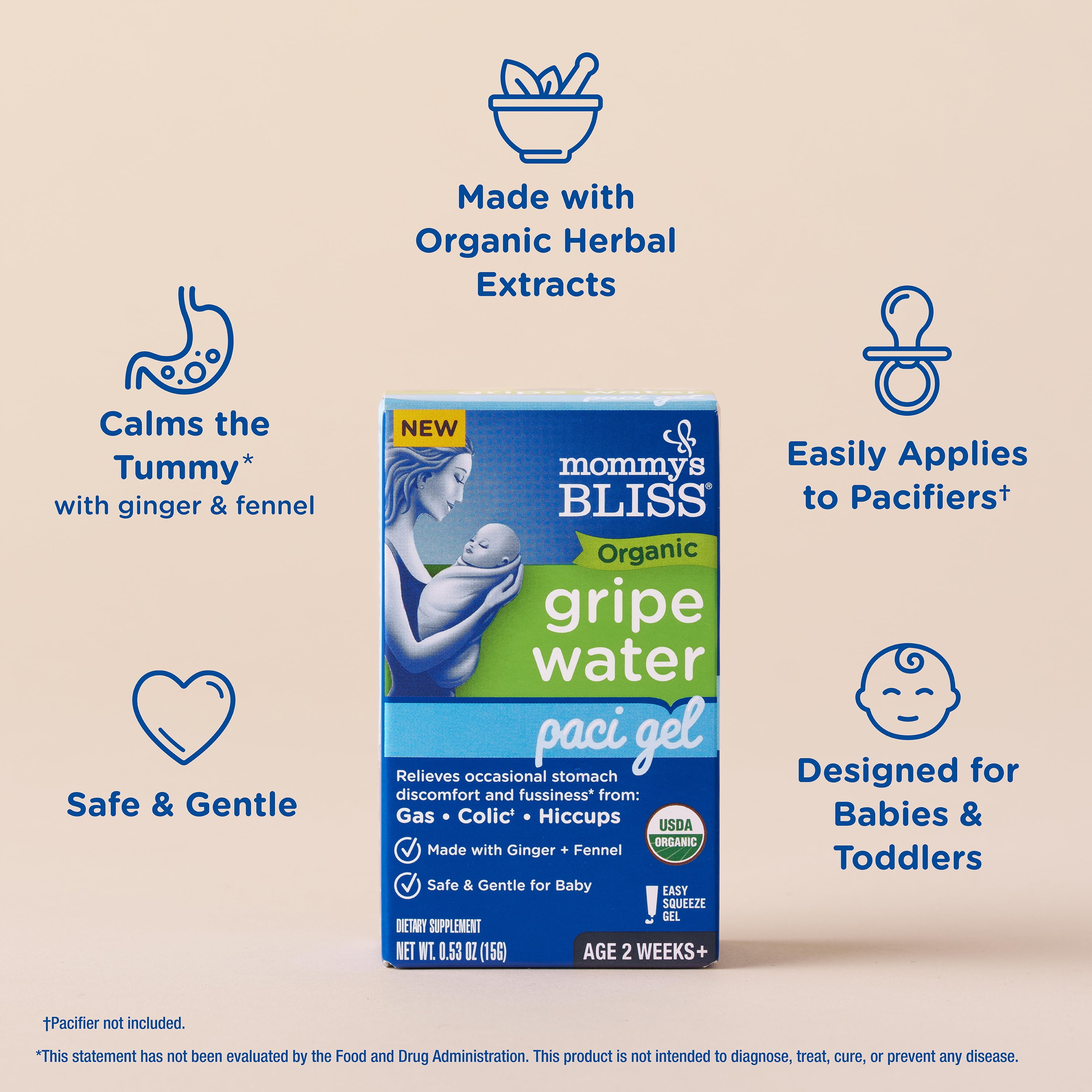 Mommy's Bliss Organic Gripe Water Paci Gel with Ginger and Fennel Extract, Dietary Supplement for Baby, 0.53 oz