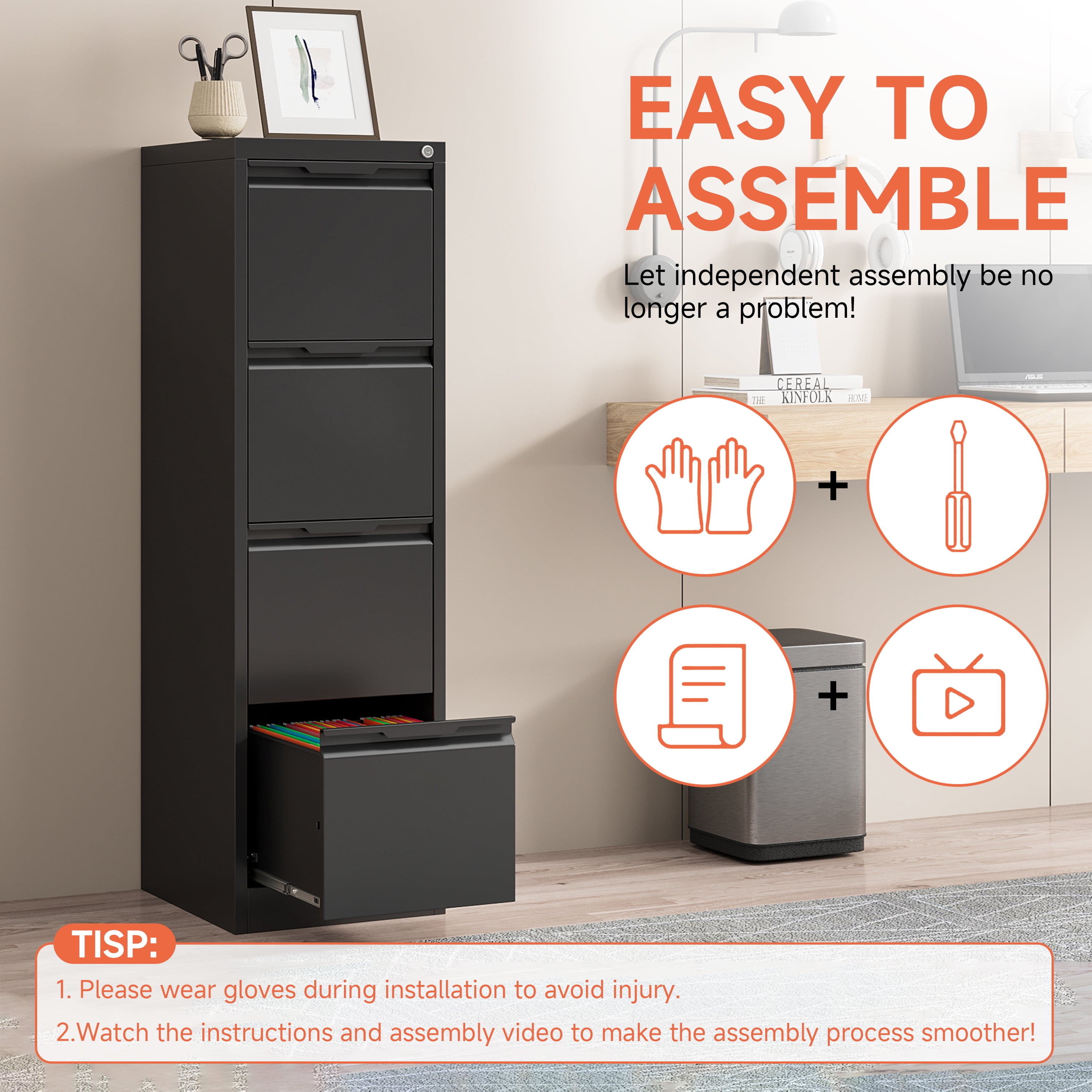 Kooyon 4 Drawer File Cabinet with Lock, 17.8" Deep Metal Filing Cabinet for Home Office, Black, Fits Letter/A4/Legal Folders, Easy Assembly-Black