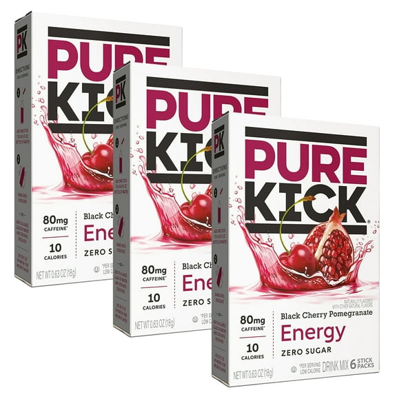 Pure Kick Black Cherry Pomegranate Singles to Go Zero Sugar Powdered Energy Drink Mix, Caffeine Vitamins Electrolytes Gluten Free Water Enhancer, 3 BOXES (6 packets each box) (18 packets total)