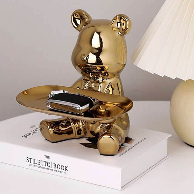 Adorno De Almacenamiento De Oso Bandeja de oso de cerámica, adorno de almacenamiento, estatua de oso chapada, arte, decoración del hogar (oro) Sywqhk Libre de BPA
