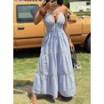 thumbnail image 5 of Womens Blue And White Striped Halter Maxi Dress V-Neck Smocked Waist, 5 of 9
