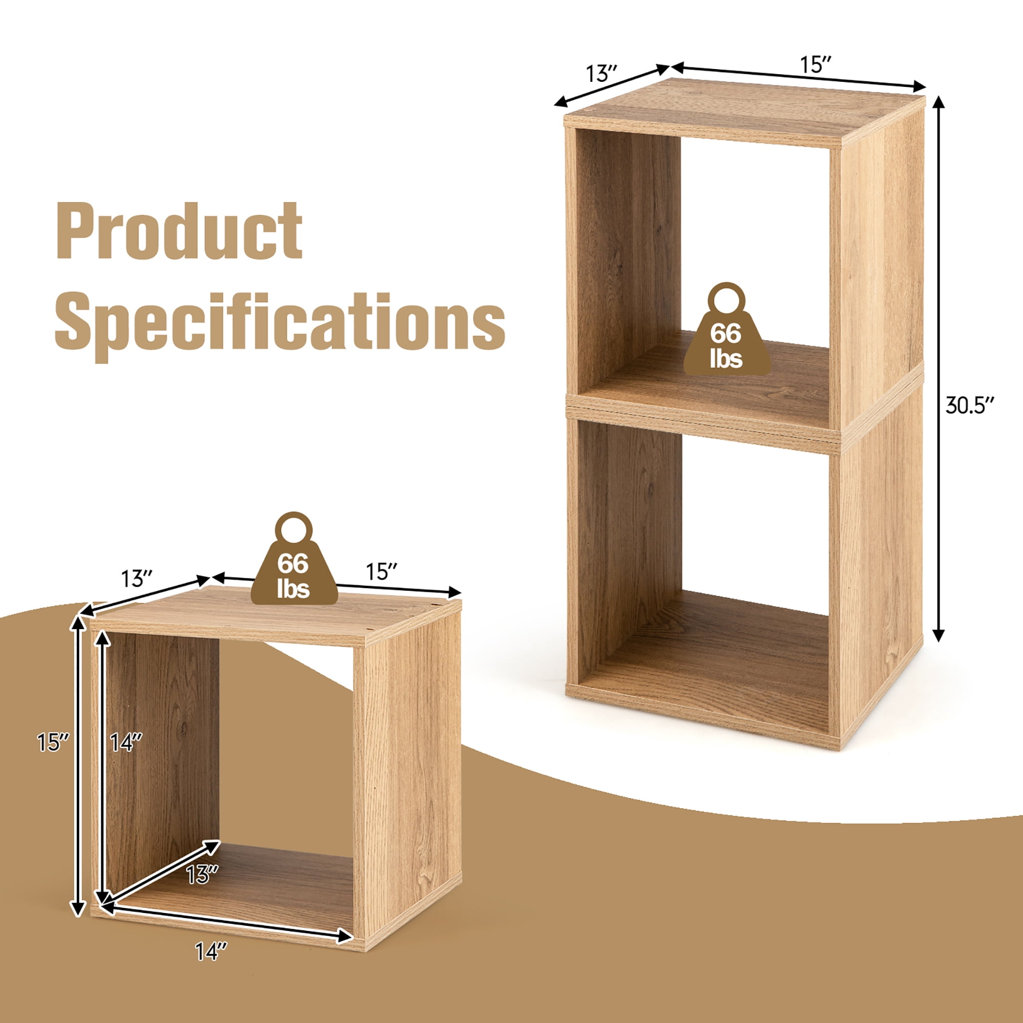 Costway 2 PCS Wood Stackable Storage Cube 2-tier Narrow Bookshelf Vinyl Record Organizer Natural