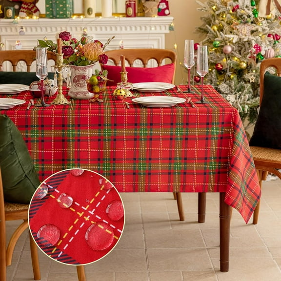 Christmas Rectangle Red Plaid Tablecloth - 60 x 84 Inch - Checkered Water Stain Resistant Table Cover, Washable Polyester Table Cloths for Xmas Dinner/Party Decoration/Holiday