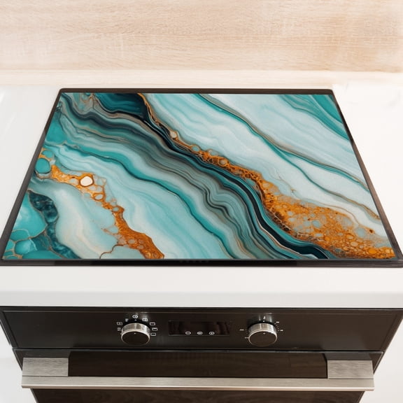 Cover for Gas Stove Top, Teal and Gold Marble Print Heat Resistant Stove Burner Covers, Glass Induction Cooktop Protector Mat for Kitchen RV (28×20 Inch)