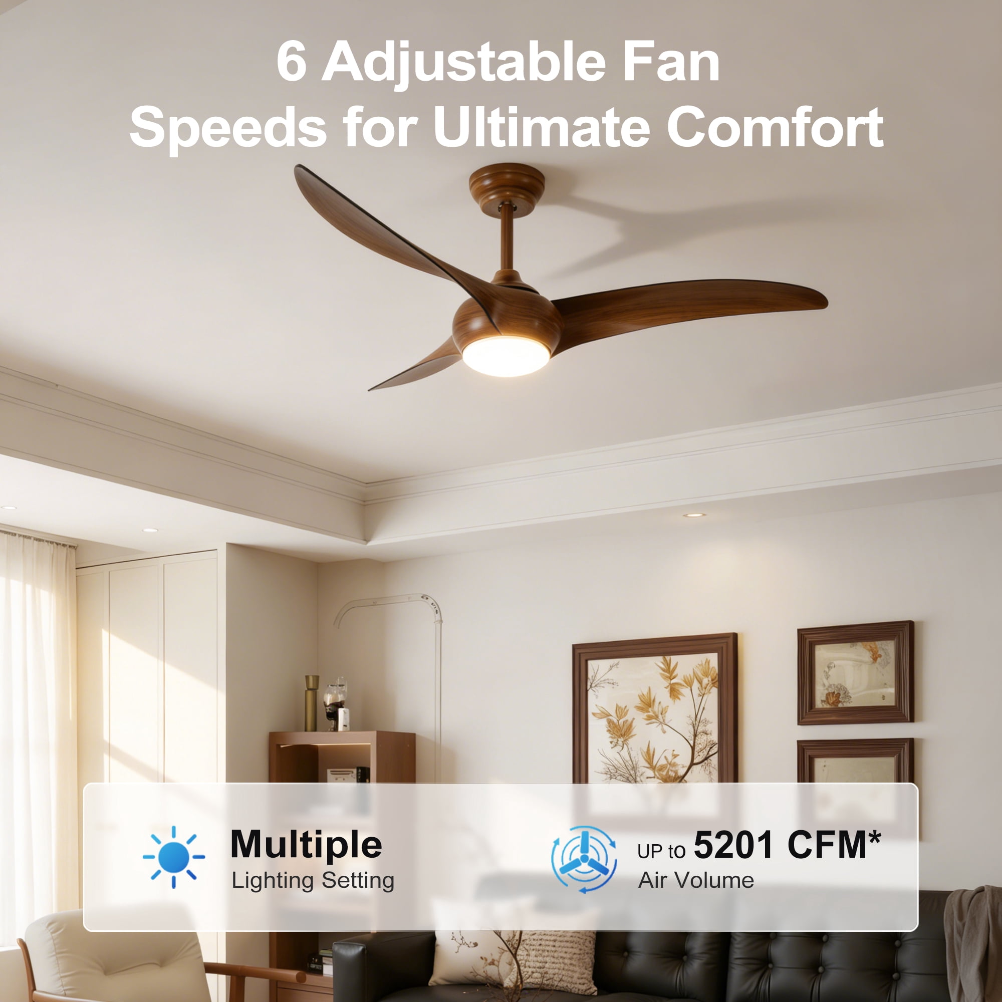 Ceiling Fan with Light, 52 Inch ABS Blade Quiet LED Fan for Home Indoor Room, Wood