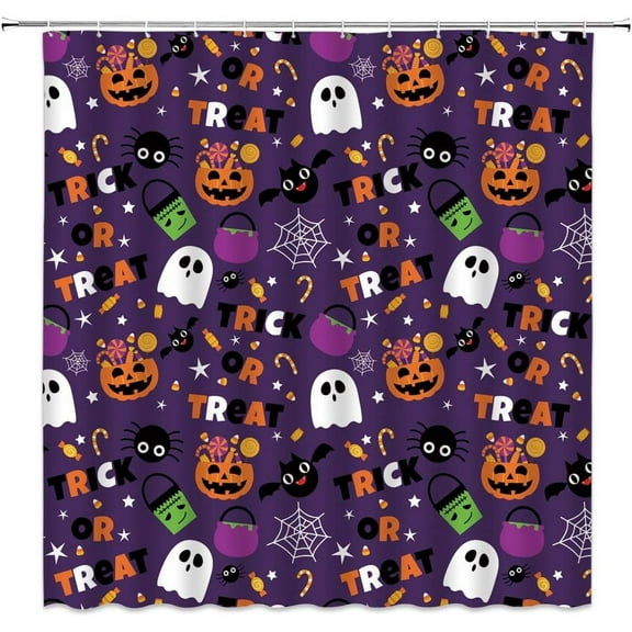 Halloween Shower Curtain Funny Ghost Pumpkin Treat or Trick Sugar Spider Bat Cartoon Halloween Things Happy Holiday Spooky Fabric Bathroom Home Decor Curtain Sets with Hooks