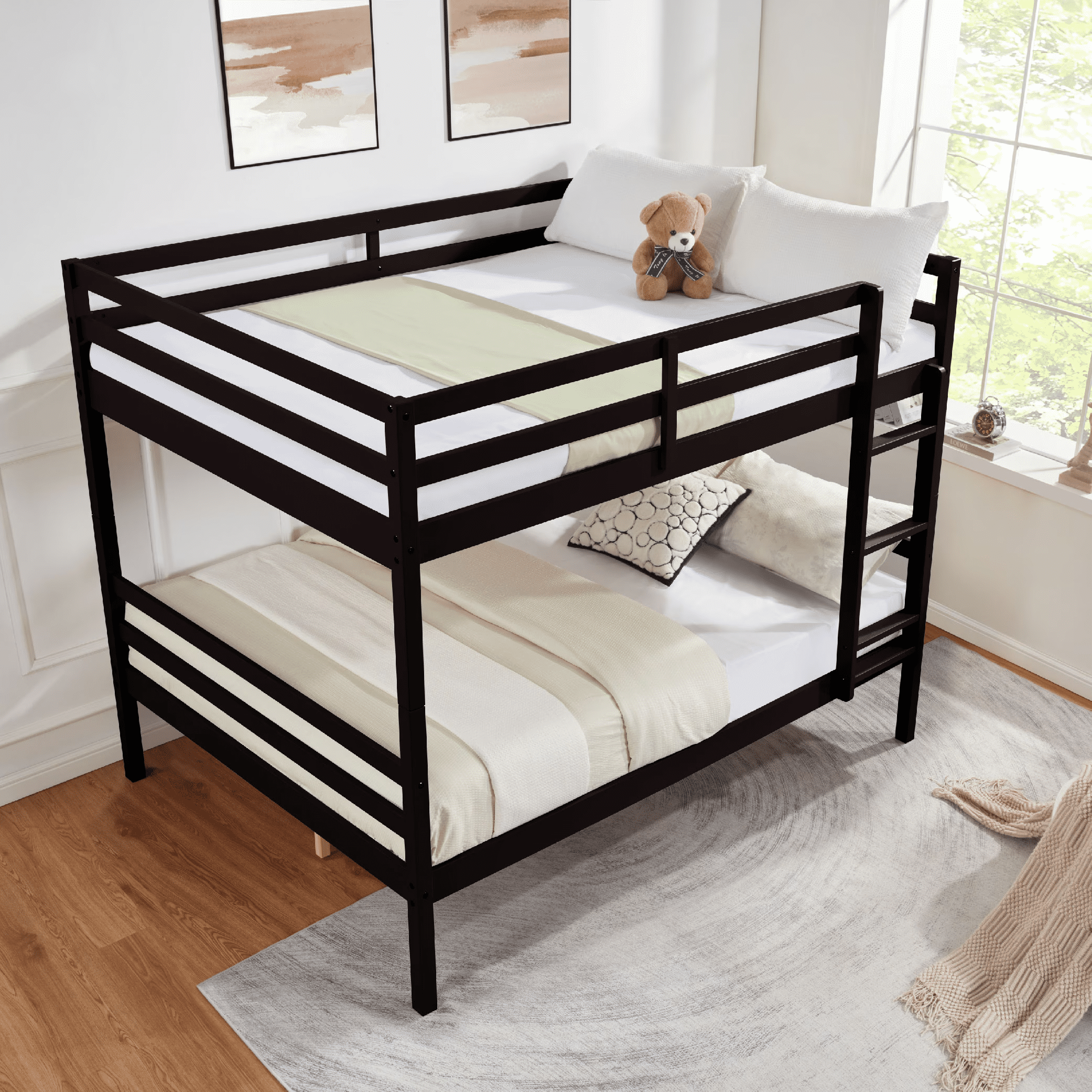 MAYEERTY Full over Full Bunk Bed with Ladder, Wooden Bed Frame with High Guardrail and Ladder for Kids, No Box Spring Needed, Espresso