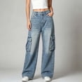 thumbnail image 2 of Women's Cargo Wide Leg Jeans with Pockets High Waist Button Closure Baggy Denim Pants Y2K Casual Vintage Washed Jeans Fashion Bottoms Light Blue, 2 of 6