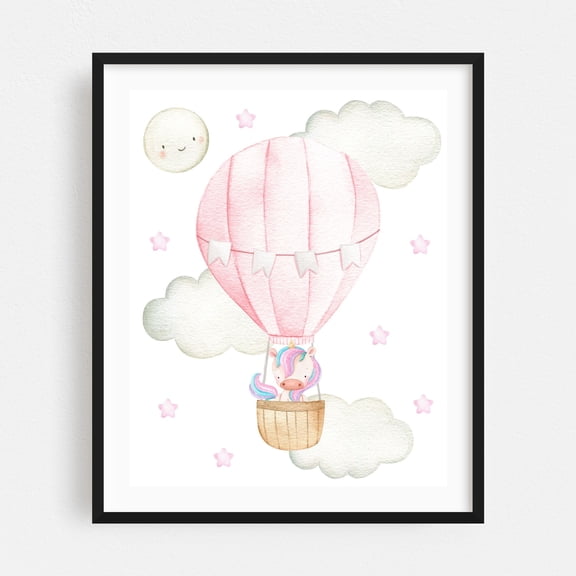 Pink Hot Air Balloon, Magic Unicorn, Moon, Stars, Girl Nursery - Illustration Watercolor Whimsical Hot Air Balloon Animal Pastel Fantasy Black Framed Wall Art Print 8 x 10 inches